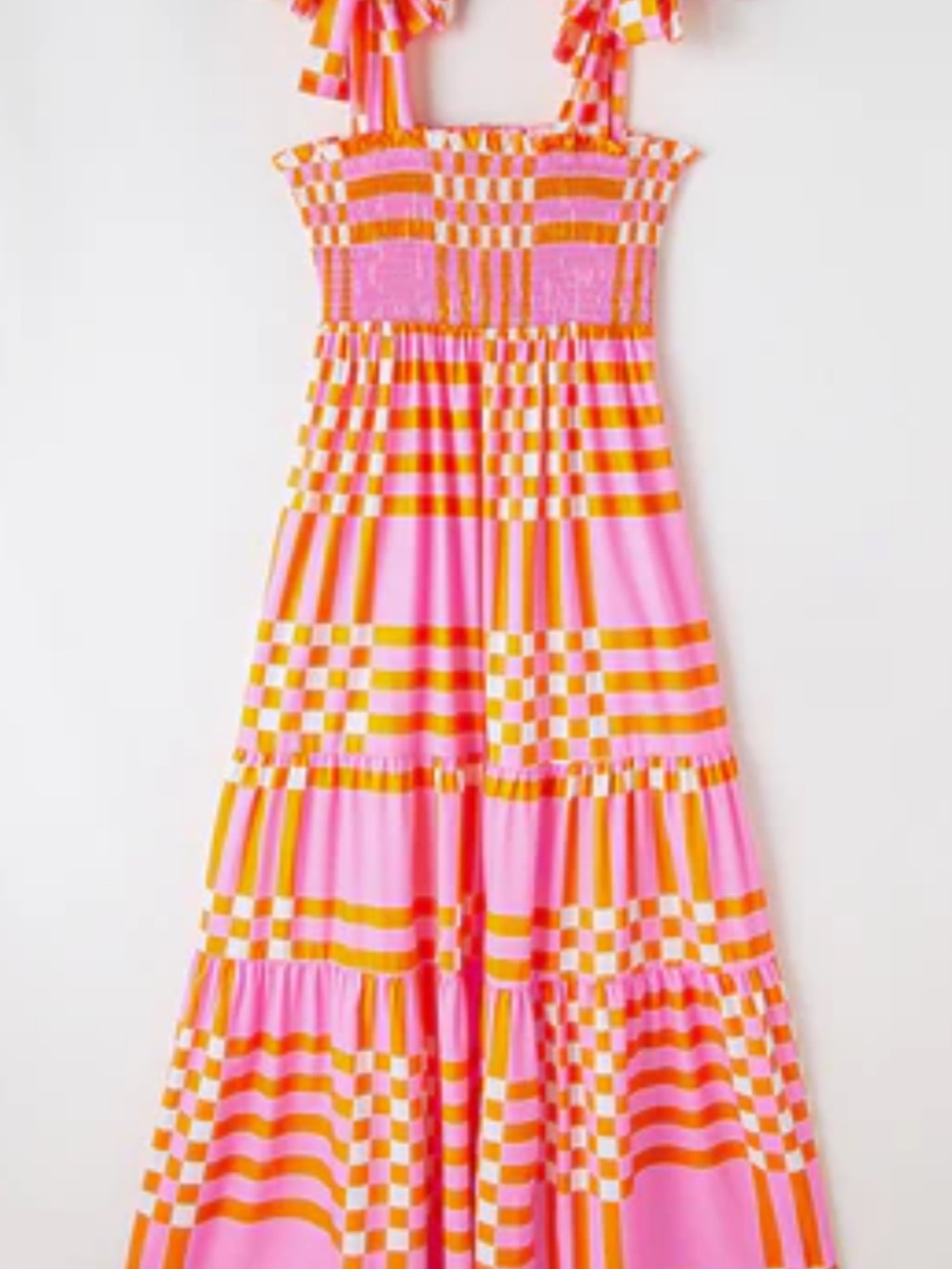 Ladies Pink and Orange Checkered Maxi Dress with Ruffle Straps NWOT ADORABLE 💕